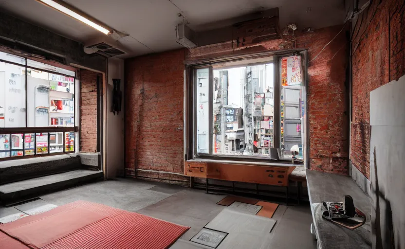 Image similar to maximalist interior of a japanese bedroom, concrete, neon signs, old brick walls, rough wood, grey, anthracite, red, akihabara style, swedish style, window with a view of apartment blocks