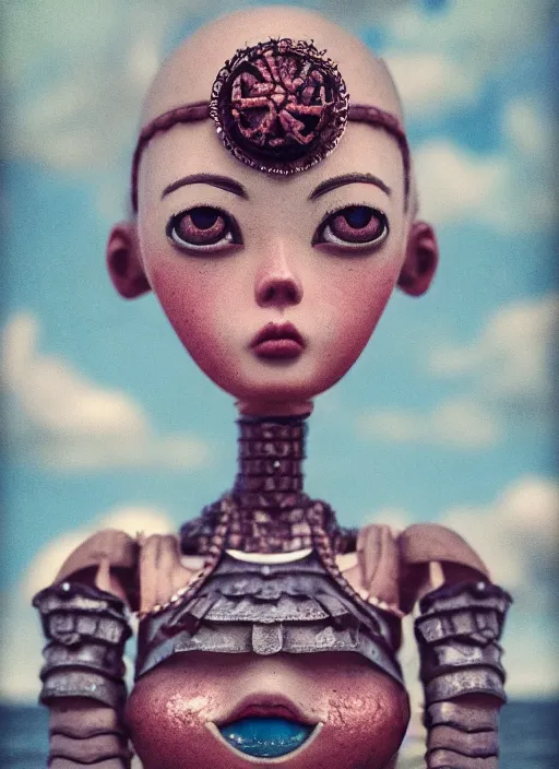 Image similar to closeup profile portrait of tin toy girl beach, depth of field, zeiss lens, detailed, symmetrical, centered, fashion photoshoot, by nicoletta ceccoli, mark ryden, lostfish, breathtaking, 8 k resolution, extremely detailed, beautiful, establishing shot, artistic, hyperrealistic, octane render