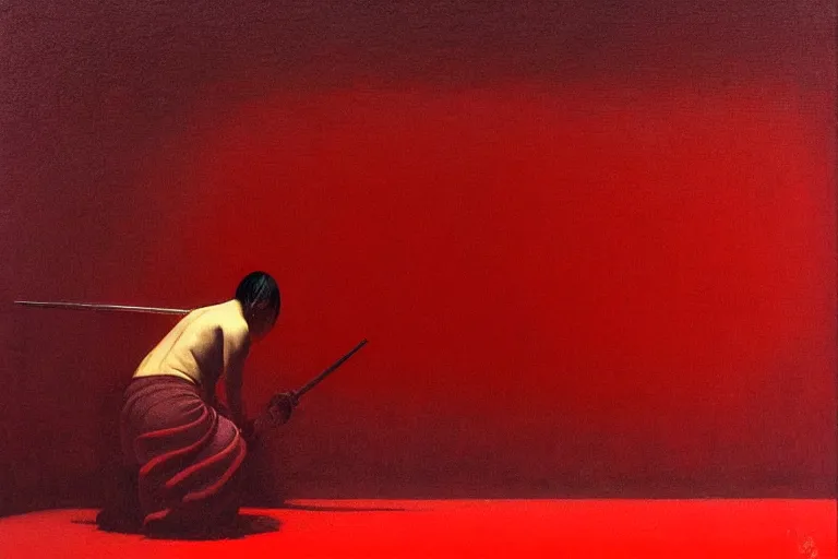 Image similar to only with red, a red samurai harakiri, tokio, a lot of frogs watch, in the style of beksinski, parts by edward hopper, parts by rodcenko, parts by yue minjun, intricate and epic composition, red by caravaggio, insanely quality, highly detailed, masterpiece, red light, artstation, 4 k