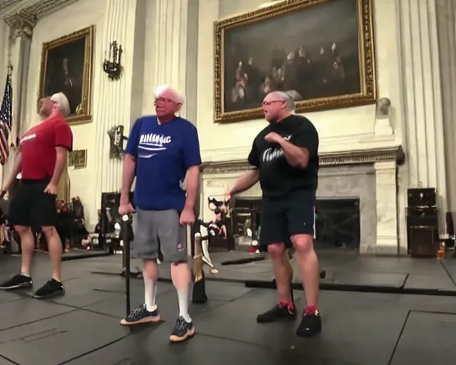 Image similar to bernie sanders deadlifts 200lb barbells in senate chambers