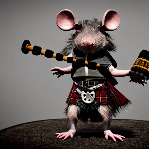 Prompt: a rat creature in a scottish kilt, holds a bagpipe, by greg rutkowski, design for magic the gathering, highly detailed, octane render, 4 k