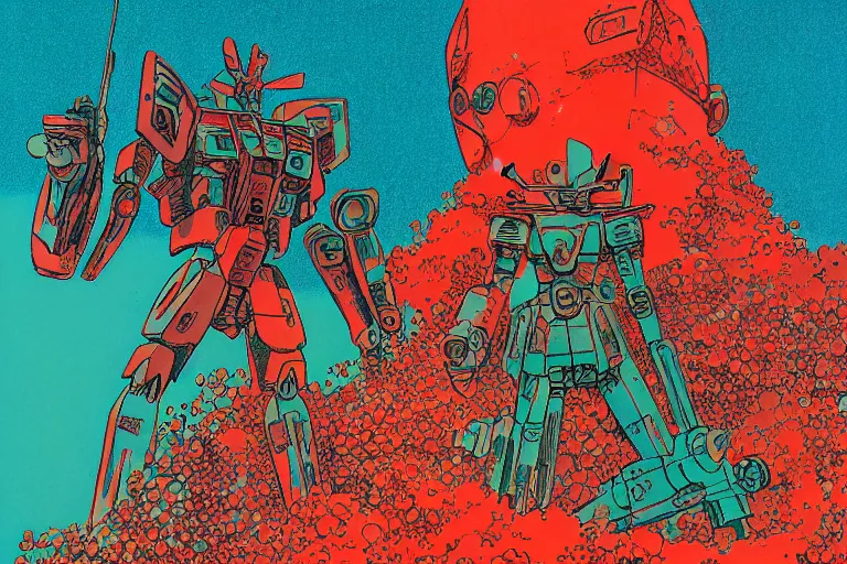 Image similar to risograph grainy drawing vintage sci - fi, satoshi kon color palette, gigantic gundam full - body covered in dead coral reef, 1 9 8 0, kodachrome, natural colors, comicbook spreadsheet, codex seraphinianus painting by moebius and satoshi kon and dirk dzimirsky close - up portrait