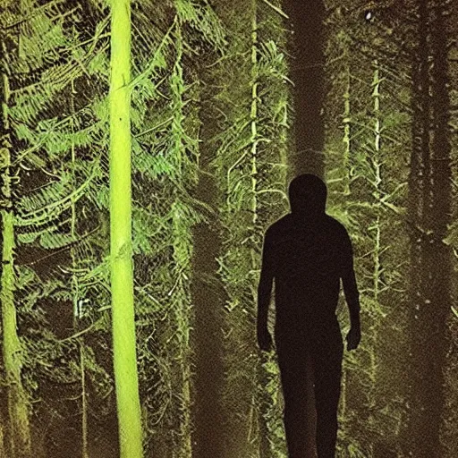 Image similar to grainy surveillance photo still of an alien in the woods at night hiding in the trees of a forest