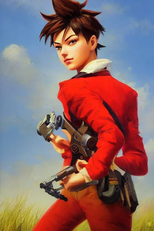 Prompt: oil painting of tracer overwatch in a field of grass wearing red uniform, in style of ivan aivazovsky, detailed face, detailed eyes, full body, feminine face