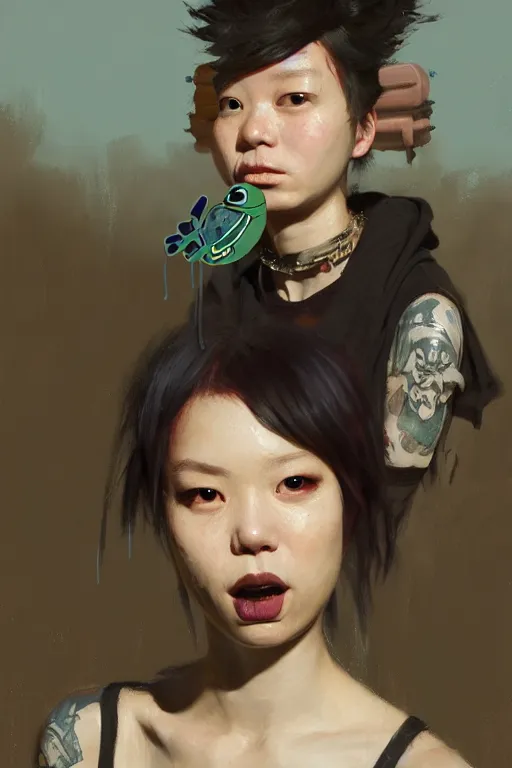 Image similar to portrait of a punk girl on a date with pepe! the frog! drinking coffee in the style of fenghua zhong and ruan jia and jeremy lipking and peter mohrbacher, extremely detailed digital painting, 8 k