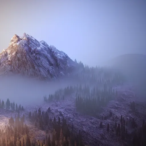 Prompt: still shot of a mountain covered in morning fog, highly detailed, photorealistic portrait, bright studio setting, studio lighting, crisp quality and light reflections, unreal engine 5 quality render