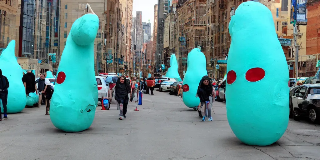 Image similar to huge turquoise weenies walk around the city