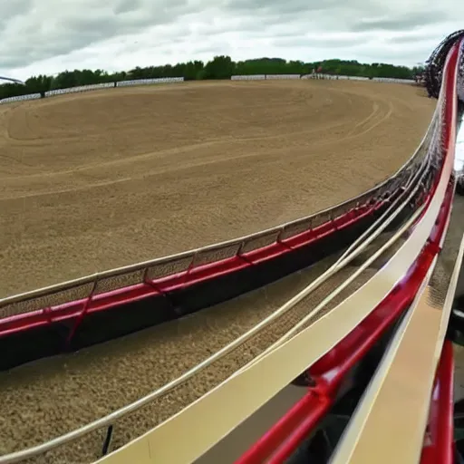 Image similar to front row go pro footage of a rollercoaster with an upcoming broken section of track