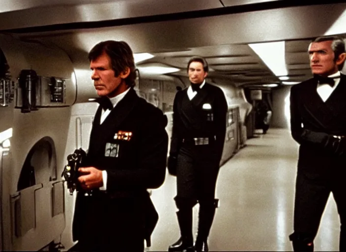 Image similar to screenshot of Harrison Ford dressed up as an imperial officer, iconic scene from 1970s spy thriller film directed by Stanley Kubrick, in a sci-fi shipping port, last jedi, 4k HD, cinematic lighting, beautiful portraits of Han, moody, stunning cinematography, anamorphic lenses, kodak color film stock