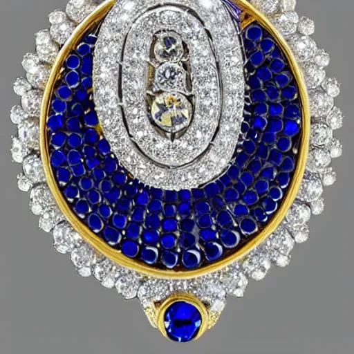 Image similar to white box commercial photography of a brooch jewel, with diamond shape, deep dark blue sapphire, gold ornaments and curves, 8 k, hires close up, high aperture, white background, pinterest, artstation