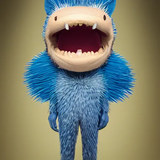 Image similar to anthropomorphic blue hedgehog with human teeth, studio portrait