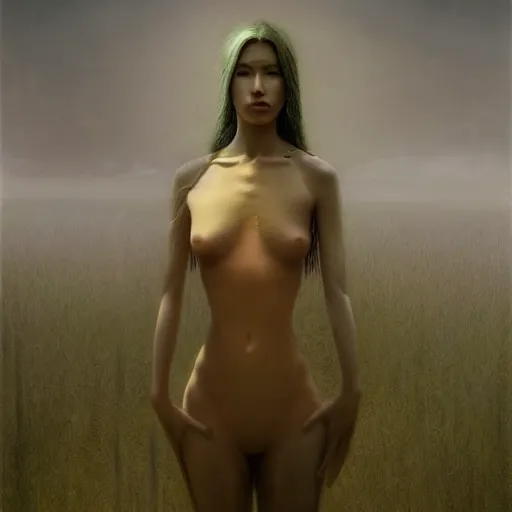 Image similar to dream woman, art, concept art, beksinski, zdzisław, photorealistic, rendered in octane, matte painting, highly detailed, featured on deviantart