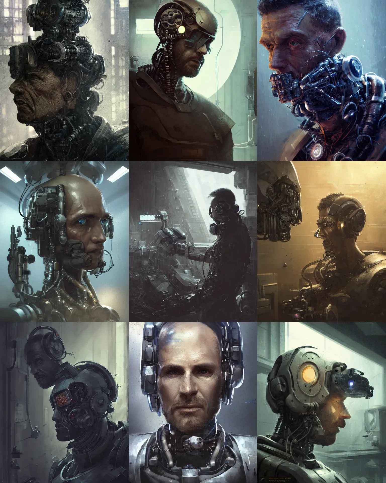 Prompt: a rugged engineer man with cybernetic enhancements in a laboratory, scifi character portrait by greg rutkowski, esuthio, craig mullins, 1 / 4 headshot, cinematic lighting, dystopian scifi gear, gloomy, profile picture, mechanical, half robot, implants, steampunk