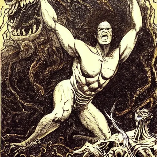 Image similar to Print. a large, muscular demon-like creature with wings, standing in a dark, hellish landscape. The creature has red eyes and sharp teeth, and is holding a large sword in one hand. Eraserhead by Norman Lindsay, by David Wiesner eclectic
