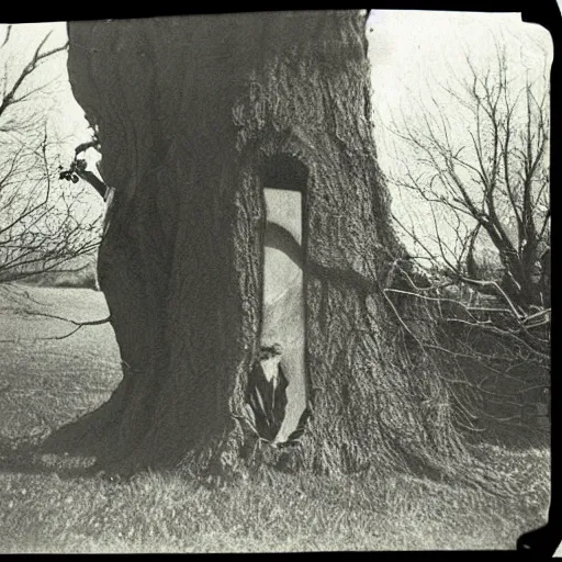 Image similar to shadow monster hiding behind a tree, vintage photo, eerie, 1920s