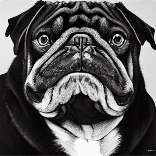 Prompt: a gigachad pug, black and white, intricate, masterpiece, stunning, oil painting