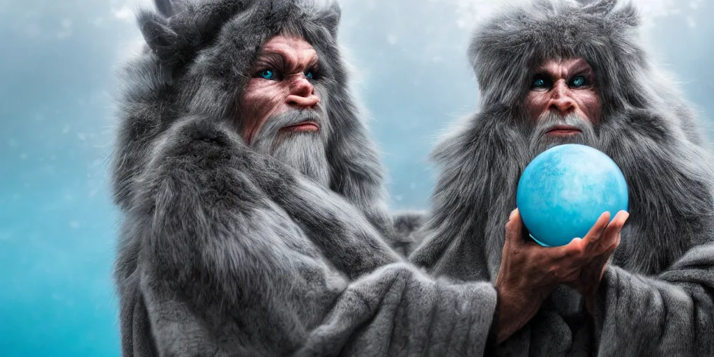 Image similar to Highly detailed portrait of a half-orc druid, wearing a long grey fur robe and holding a sphere of magical blue water 4k, soft focus