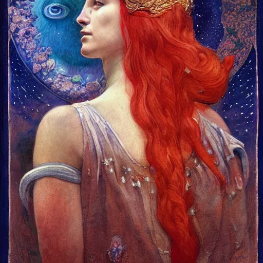 Image similar to queen of the moon with stars in her hair, by annie swynnerton and tino rodriguez and nicholas roerich and jean delville and donato giancola, dramatic lighting, floral tattoos, rich colors, smooth sharp focus, extremely detailed, adolf wolfli