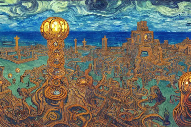 Image similar to lovecraftian antikythera city, ancient babylonian, sumerian dream festival, japanese lantern festival, oil painting by edvard munch, mc escher, stanislaw beksinski, makoto shinkai, jim woodring, aldemir martins, nicholas roerich, van gogh