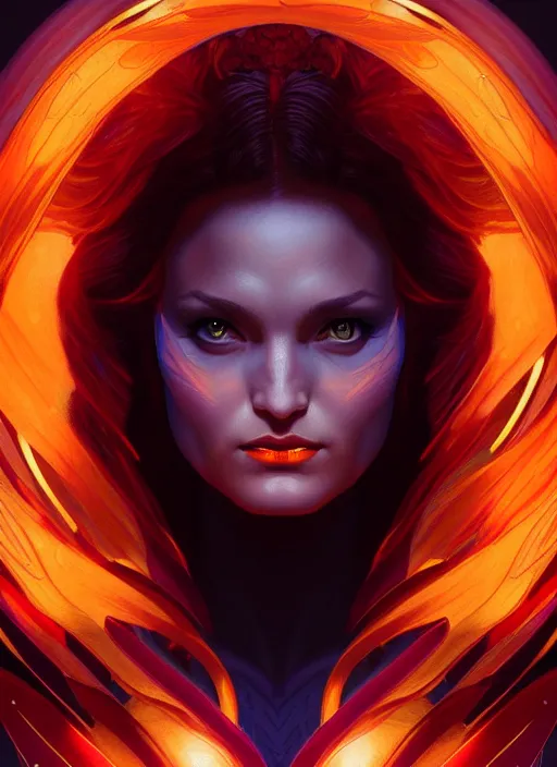 Image similar to symmetry portrait of the dark phoenix from x - men, glowing lights, intricate, elegant, highly detailed, digital painting, artstation, concept art, smooth, sharp focus, illustration, art by artgerm and greg rutkowski and alphonse mucha