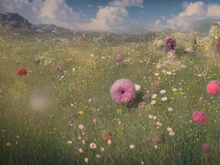 Image similar to the wasteland filled with giant flowers, au naturel, hyper detailed, digital art, trending in artstation, cinematic lighting, studio quality, smooth render, unreal engine 5 rendered, octane rendered, art style by klimt and nixeu and ian sprigger and wlop and krenz cushart