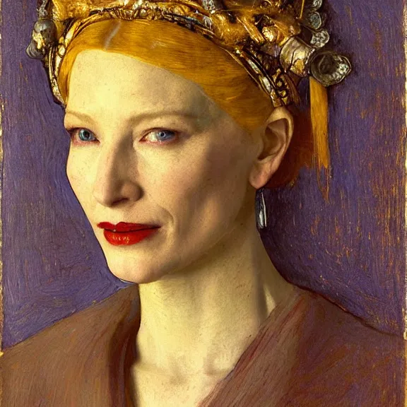 Image similar to cate blanchett by Annie Swynnerton and Nicholas Roerich and Vermeer, strong dramatic cinematic lighting , ornate headdress , lost civilizations, smooth, sharp focus, extremely detailed