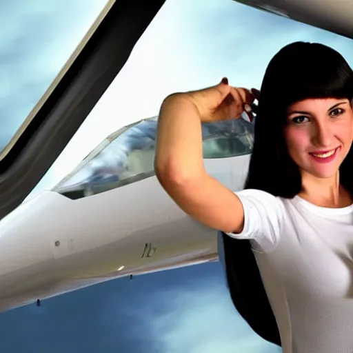 Image similar to a beautiful dark - haired girl flying home in her personal concorde