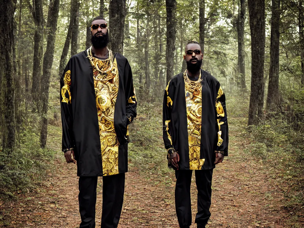 Prompt: versace avant garde male super oversized jacket gold necklace textiles streetwear cyberpunk african american black skin shaved head trimmed beard in the woods overcast late evening dramatic professional color 8 k hdr