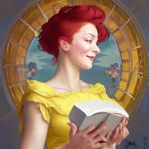 Prompt: a smiling beautiful woman with red hair in a bun wearing a yellow dress and reading a book, masterpiece, intricate, elegant, highly detailed, digital painting, artstation, concept art, smooth, sharp focus, illustration, art by artgerm and greg rutkowski and alphonse mucha and uang guangjian and gil elvgren and sachin teng, symmetry!!