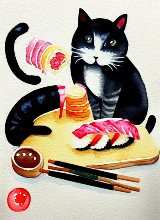 Image similar to cute cats and sushi watercolour