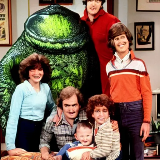 Image similar to vintage 1 9 8 0's sitcom, a happy photogenic family and a large giant evil wet slimy detailed monstrous creature inside a 1 9 8 0's sitcom living room