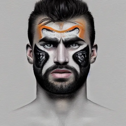 KREA - Beautiful face Portrait of very manly Gigachad with very big jaws,  original Gigachad, big eyebrows, colorful face painting on grey scale face,  powerful , magic, thunders, dramatic lighting, intricate, wild