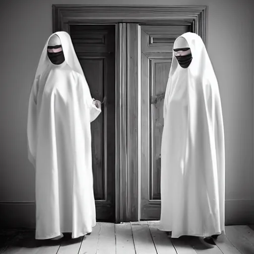 Image similar to award winning photo,two Hovering twin nuns, in a bedroom hovering off the ground, wearing pointed hoods, buxom chested, blindfolded, wearing translucent veils, see through dress, Very long arms, bedroom, wood door, eerie, frightening, highly detailed, photorealistic, colorized —width 1024 —height 1024