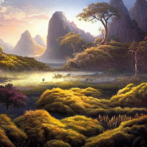 Image similar to large landscapes from another world, beautiful painting, very detailed fauna and flora, enhance lighting, the atmosphere is looking weird