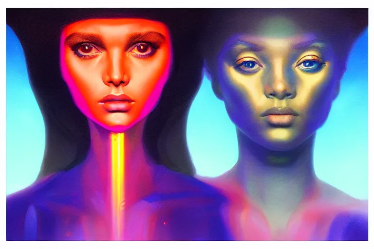 Image similar to patron saint of 🛸🌈👩🏾, futuristic clothing, neon god of city character portrait, in the style of margaret keane, moebius, tom bagshaw, and waterhouse, cinematic lighting, beautiful, elegant, oil painting,