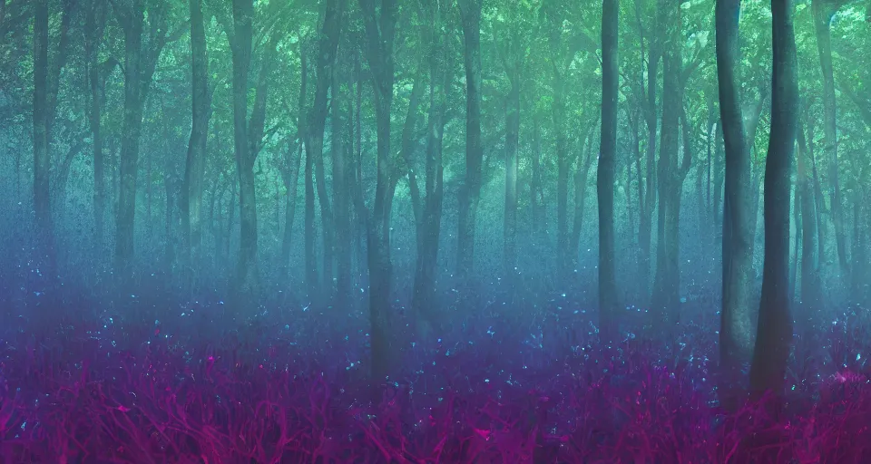 Image similar to 3d Render of blue green red and purple deep sea forest, grainy, noisy