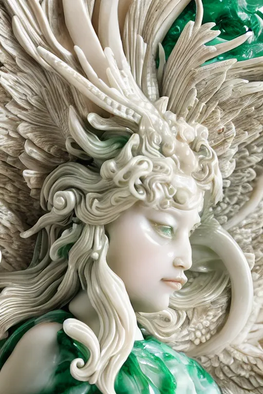 Image similar to a closeup photo, rococo alabaster and jade real delicate ceramic porcelain sculpture of an ornate detailed phoenix goddess in front of an intricate background by rafael, micro detail, backlit lighting, subsurface scattering, translucent, thin porcelain, emerald, jade, octane renderer, colorful, physically based rendering, trending on cgsociety