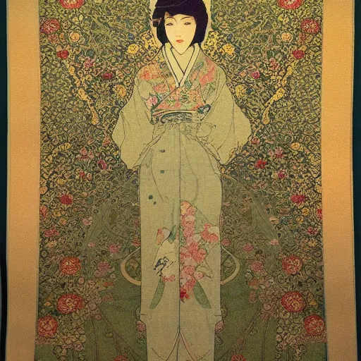 Prompt: Japanese style simple and elegant floral tapestry, Persian carpet, soft colors, by mucha