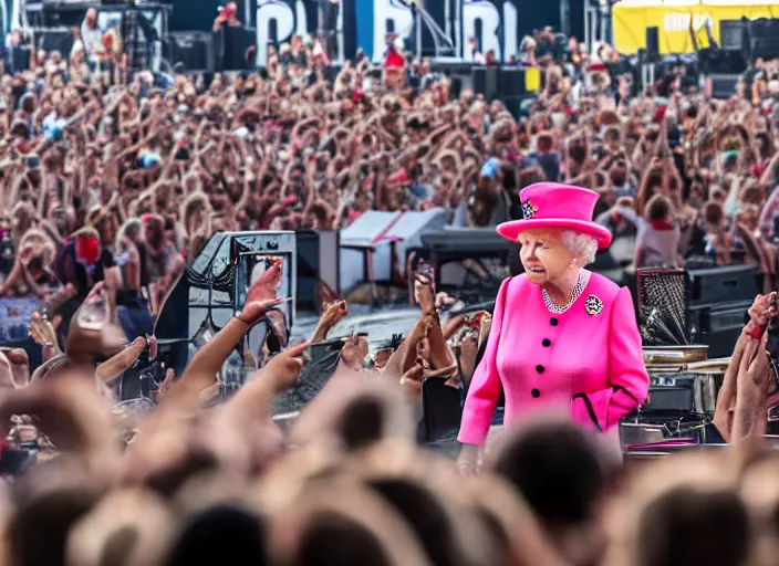 Image similar to photo still of queen elizabeth on stage at vans warped tour!!!!!!!! at age 7 0 years old 7 0 years of age!!!!!!! in the mosh pit, 8 k, 8 5 mm f 1. 8, studio lighting, rim light, right side key light