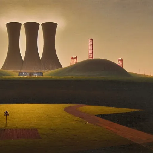 Prompt: A nuclear power plant in utopia by Simon Stålenhag and Grant Wood, oil on canvas