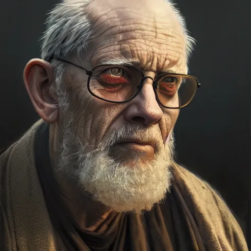 Image similar to portrait painting of a post - apocalyptic blind older american man wearing monk garbs, ultra realistic, concept art, intricate details, eerie, highly detailed, photorealistic, octane render, 8 k, unreal engine. art by artgerm and greg rutkowski and charlie bowater and magali villeneuve and alphonse mucha