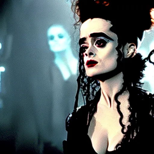 Image similar to cinematic portrait of surprised helena bonham carter as bride of frankenstein as a replicant in a busy nightclub,, still from the movie bladerunner, fashion photography, a sign is in the background, 8 k, high detail, face in focus