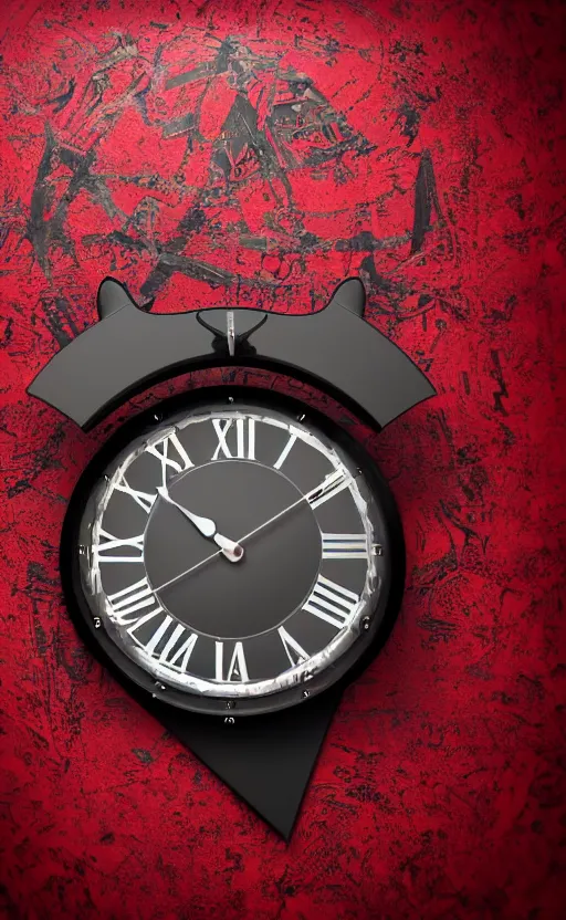 Prompt: a melting Roman numeral clock, behind a red and black gradient background, awith a black heart shaped on the top left corner and a black diamond card shape in the bottom right corner, dynamic lighting, photorealistic fantasy concept art, trending on art station, stunning visuals, cinematic, creative, ultra detailed