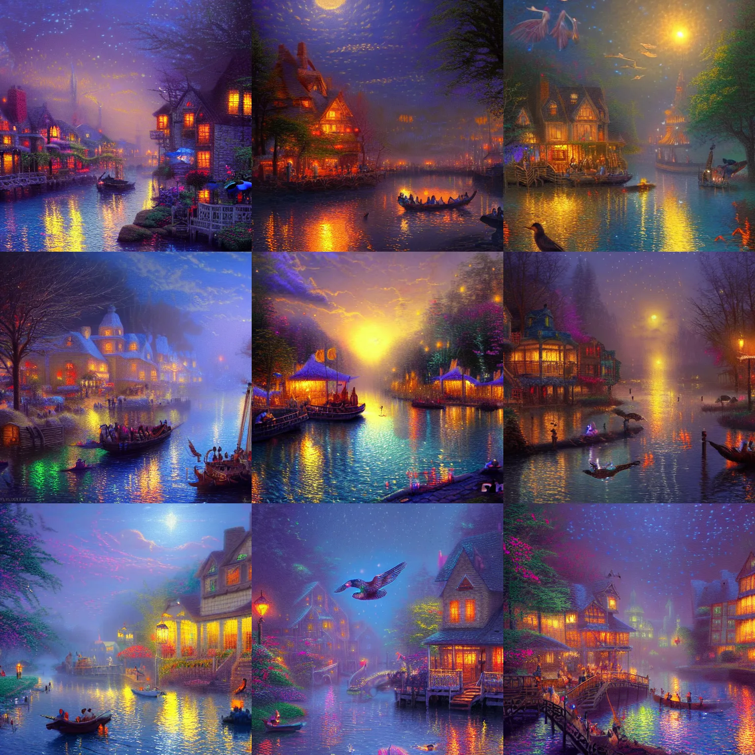 Prompt: glowing birds immigration down a river, evocative, mystical night, detailed, award - winning, trending on artstation artwork by thomas kinkade,