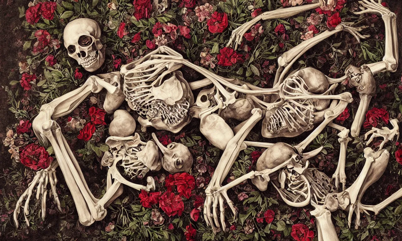 Image similar to anatomical man with large eyes and lips laying in bed of bones of flowers, an existential dread of love, HD Mixed media, highly detailed and intricate, surreal illustration in the style of Caravaggio, baroque dark art