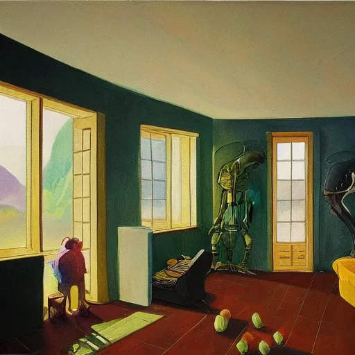 Image similar to painting of an alien house interior, cosy