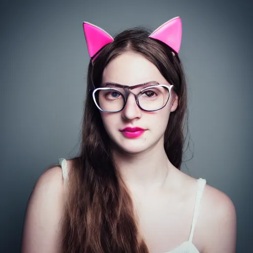 Prompt: portrait of a lovely girl wearing cat ears and glasses, photography by amy leibowitz, superior quality masterpiece