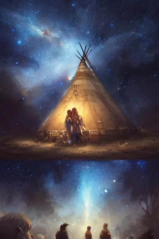 Prompt: a mother a father and 8 children sitting in front of a tipi with galaxies overhead, stars, nebulae, by wlop, by luis royo, by peter mohrbacher, concept art, digital illustration, intricate, masterpiece, elegant, super detailed, unreal engine rendering, smooth, sharp focus, artstation hq