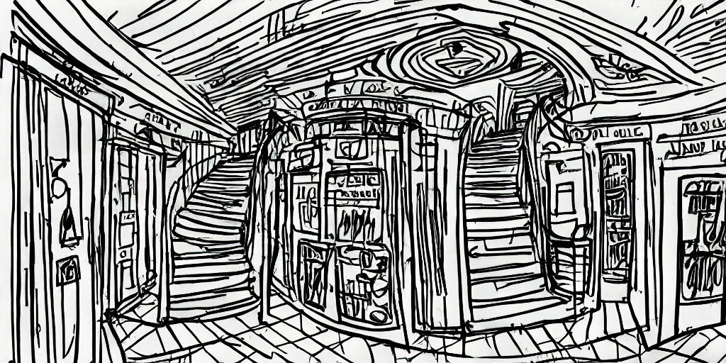 Image similar to a theater access corridor with dim lights, 3 doors, 1 staircase, color draw, day of the tentacle style, fish eye, drawn by Scott C