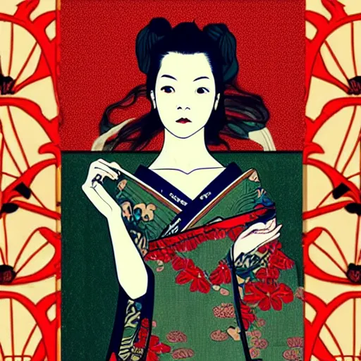 Image similar to beautiful japanese fashion model female in ramen clothes portrait in the style of art nouveau anya taylor - joy
